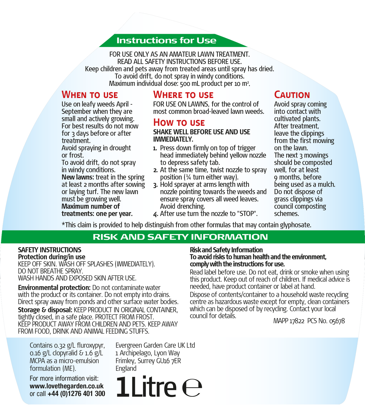 Roundup Lawn Weedkiller Ready To Use Spray 1L