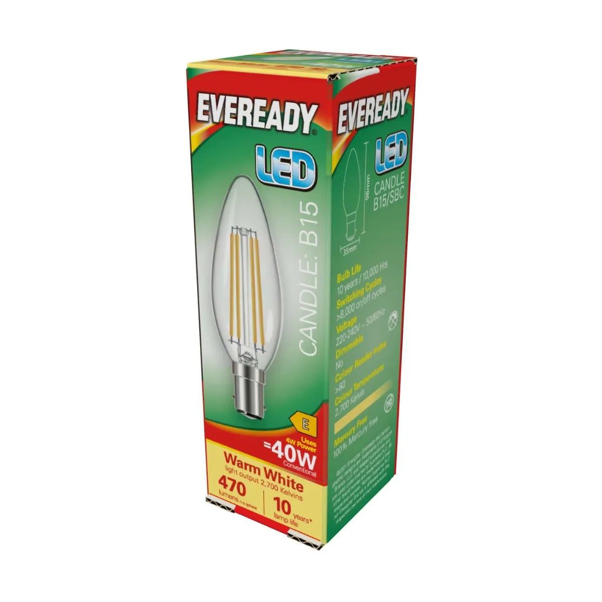 Eveready LED Clear Filament SBC 40W Candle Warm White