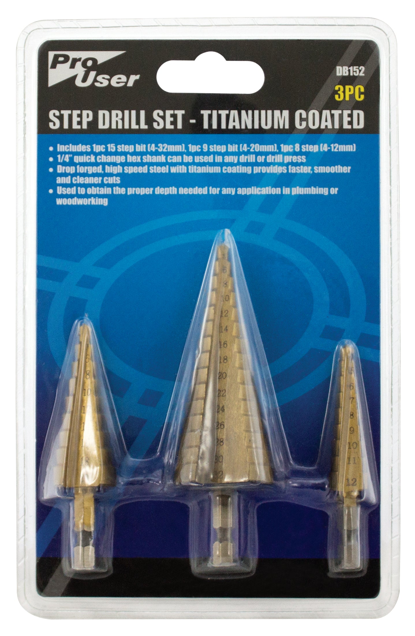 Pro User DB152 Step Drill Bit Set Titanium Coated 3 Pack