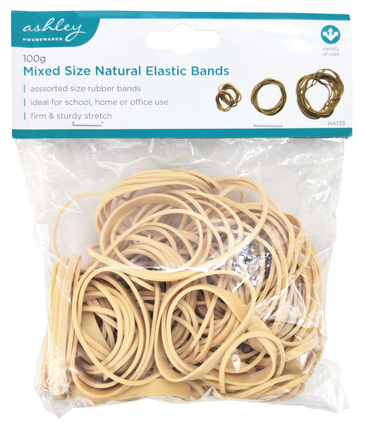 Ashley Mixed Size Natural Elastic Bands 100g