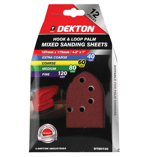 Dekton 12 Piece Hook & Loop Palm Sander Sheets 107 x 175mm