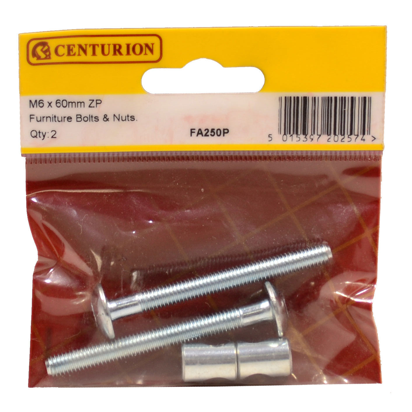 Centurion M6 x 60mm ZP Furniture Bolts & Nuts 2 Pack