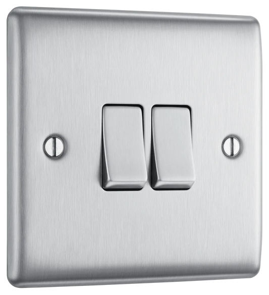 BG Nexus Metal Brushed Steel Double Light Switch 20A, 16AX, 2 Way