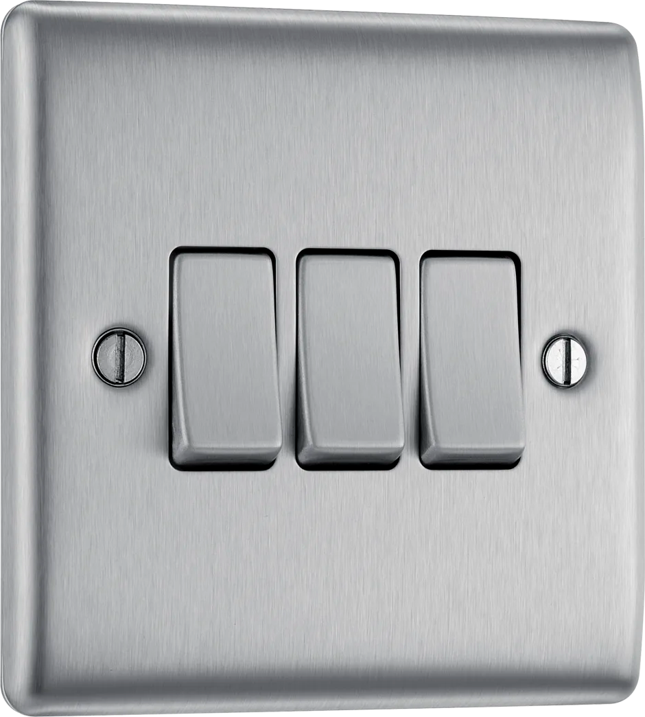 BG Nexus Metal Brushed Steel Triple Light Switch 20A, 16AX, 2 Way