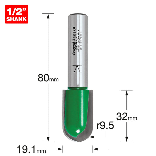 Trend C056AX1/2TC Trend CraftPro 1/2" TCT 9.5mm Radius Draining Groove Router Cutter, 19mm x 32mm