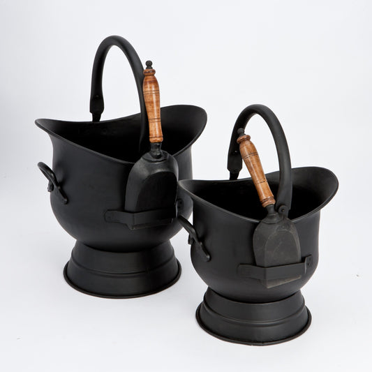 Inglenook Set of 2 Black Buckets with Wooden Handle Shovels