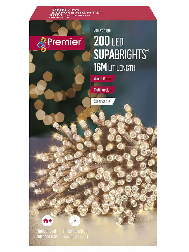 Premier 200 Multi Action Supa Brights with Timer Warm White Christmas Lights