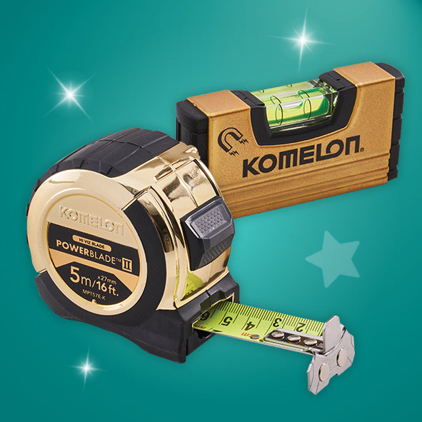 Komelon 5m Gold PowerBlade Tape with FREE Mini Level