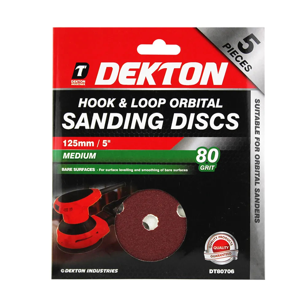 Dekton DT80706 Hook & Loop Orbital Sanding Discs 125mm 80 Grit 5 Pack