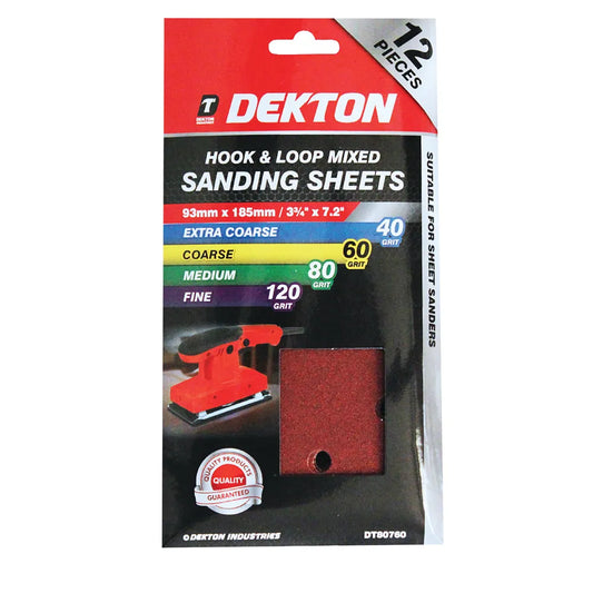 Dekton Hook & Loop Mixed Sanding Sheets 3 3/4” x 7.2” 12 Pack