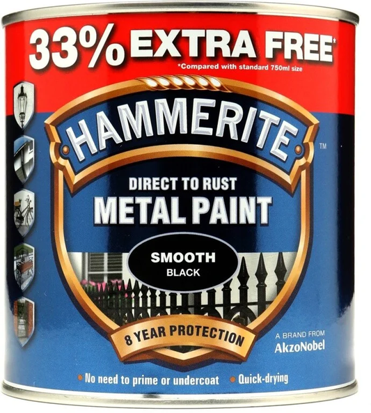 Hammerite Direct To Rust Metal Paint Smooth Black 750ml + 33% Free